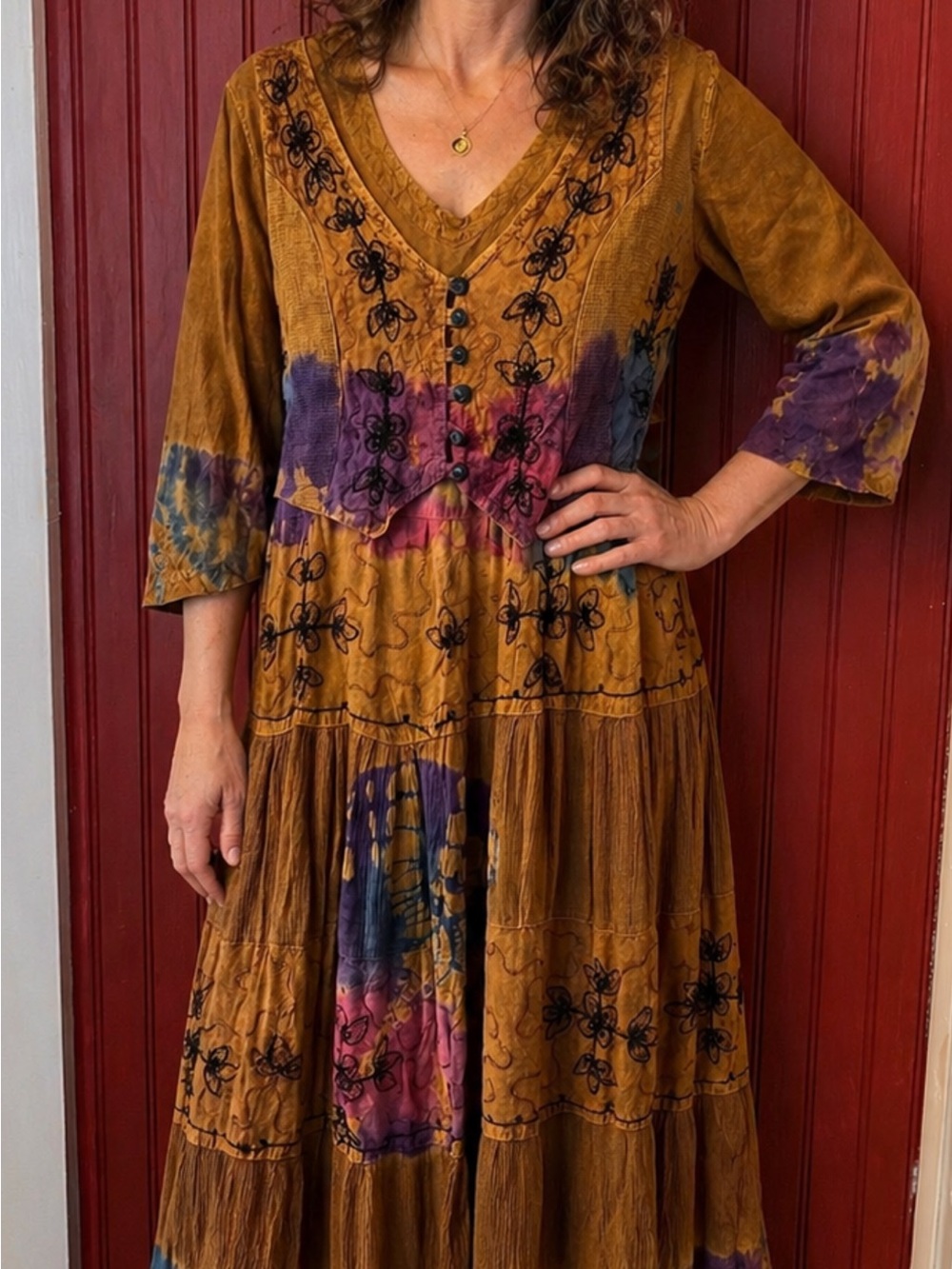 Magic Boho Rayon Mustard Maxi Dress with Purple & Pink Accents Free Size - Picture 2 of 9